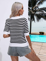 Striped Johnny Collar Half Sleeve Knit Top - Trendsi - Flyclothing LLC