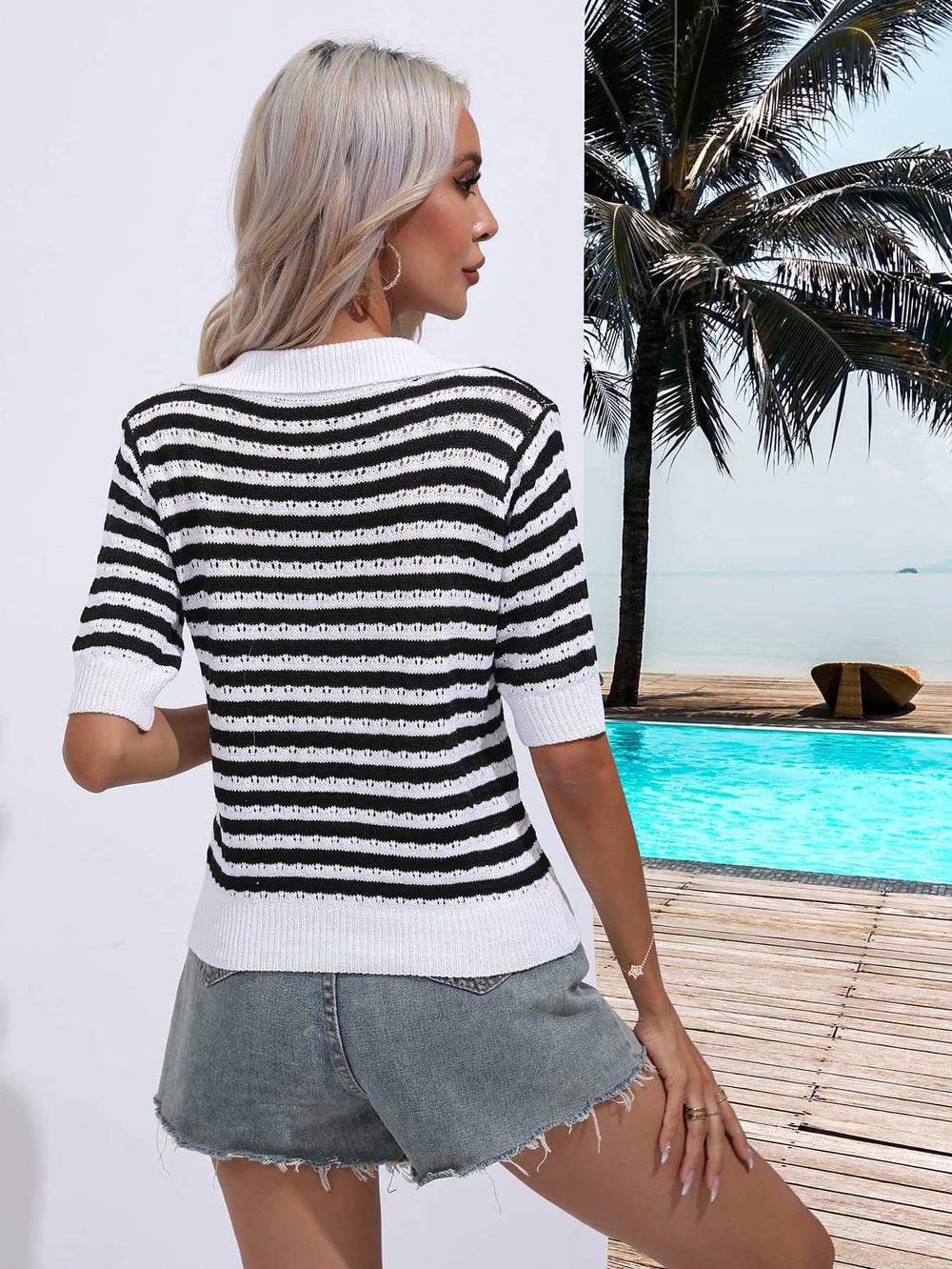 Striped Johnny Collar Half Sleeve Knit Top - Trendsi - Flyclothing LLC