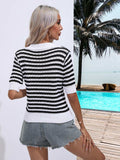 Striped Johnny Collar Half Sleeve Knit Top - Trendsi - Flyclothing LLC