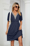 Contrast V-Neck Puff Sleeve Pocket Dress - Trendsi - Flyclothing LLC