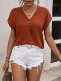 Buttoned V-Neck Short Sleeve Blouse - Trendsi - Flyclothing LLC