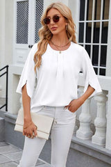 Round Neck Slit Half Sleeve Top - Trendsi