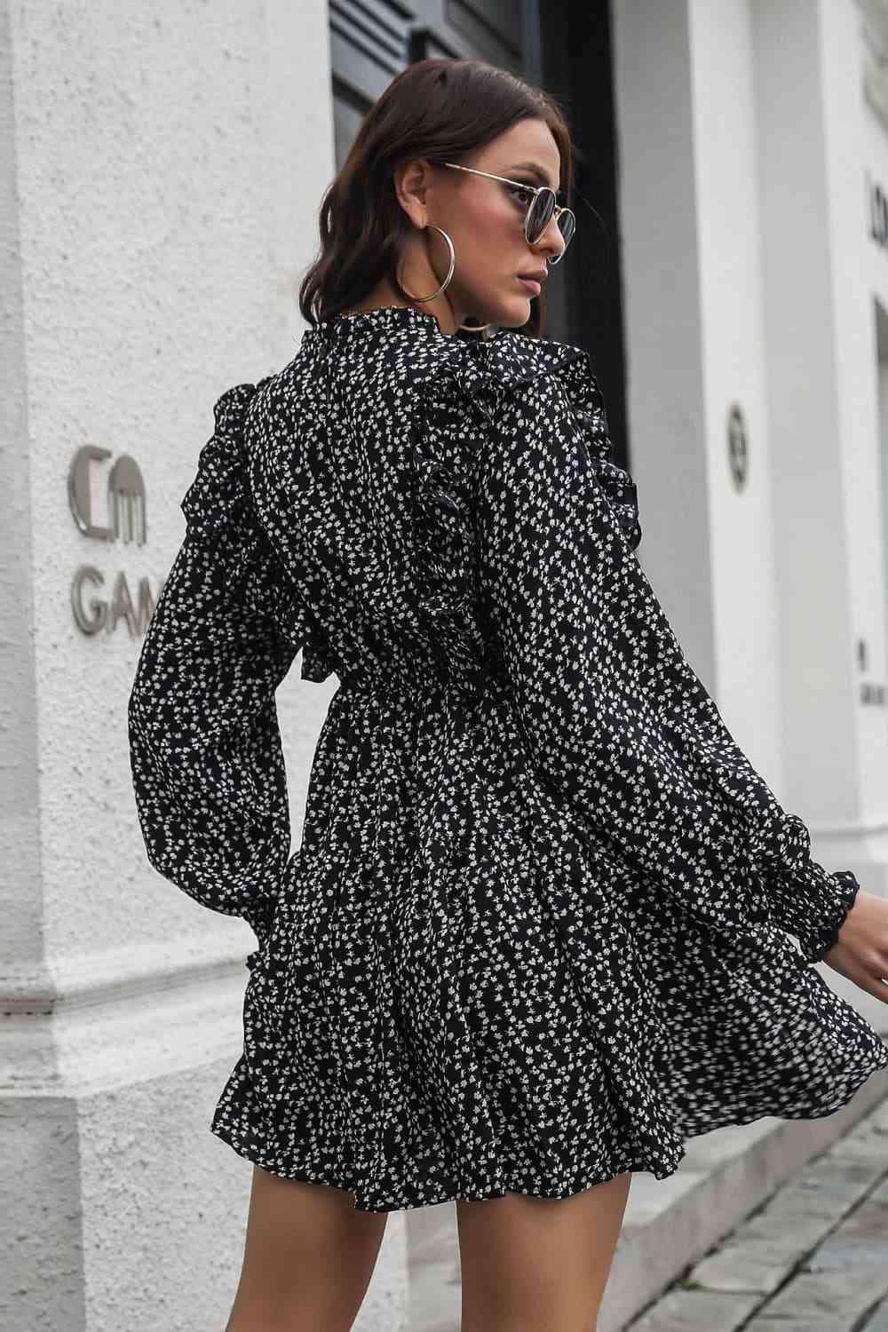 Printed Ruffle Trim Smocked Long Sleeve Mini Dress - Trendsi