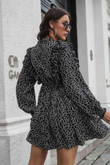 Printed Ruffle Trim Smocked Long Sleeve Mini Dress - Trendsi