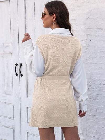 Tie Front V-Neck Sleeveless Slit Sweater Dress - Trendsi - Flyclothing LLC