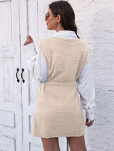 Tie Front V-Neck Sleeveless Slit Sweater Dress - Trendsi - Flyclothing LLC