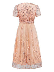 Sequin Leaf Embroidery Tie Front Short Sleeve Dress - Trendsi