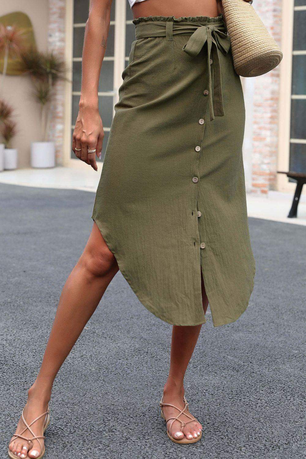 Tie Belt Frill Trim Buttoned Skirt - Trendsi - Flyclothing LLC