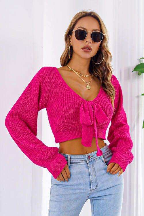 Bow V-Neck Long Sleeve Cropped Sweater - Trendsi - Flyclothing LLC