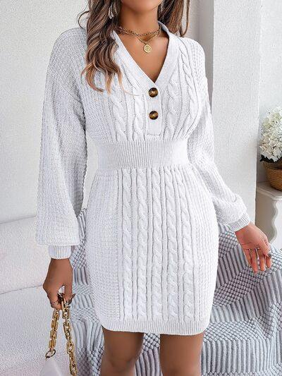 Buttoned Cable-Knit V-Neck Sweater Dress - Trendsi