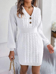 Buttoned Cable-Knit V-Neck Sweater Dress - Trendsi