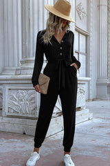 Button Front Belted Jogger Jumpsuit with Pockets - Trendsi