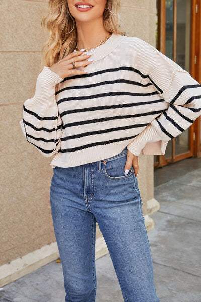 Round Neck Dropped Shoulder Sweater - Trendsi - Flyclothing LLC