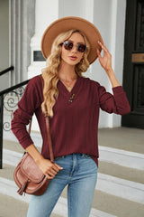 Decorative Button V-Neck Long Sleeve T-Shirt - Trendsi