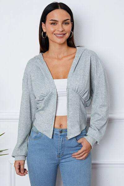 Ruched Half Zip Hooded Jacket - Trendsi - Flyclothing LLC