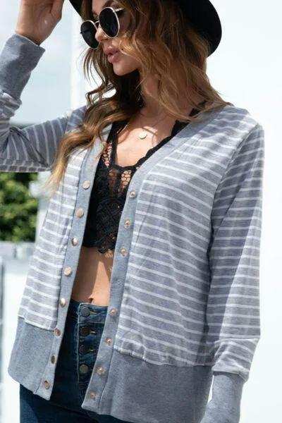 Striped Button Up Long Sleeve Cardigan - Trendsi - Flyclothing LLC