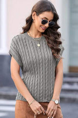 Cable-Knit Round Neck Cap Sleeve Sweater - Trendsi - Flyclothing LLC