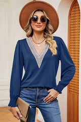 Lace Detail V-Neck Lantern Sleeve T-Shirt - Trendsi - Flyclothing LLC