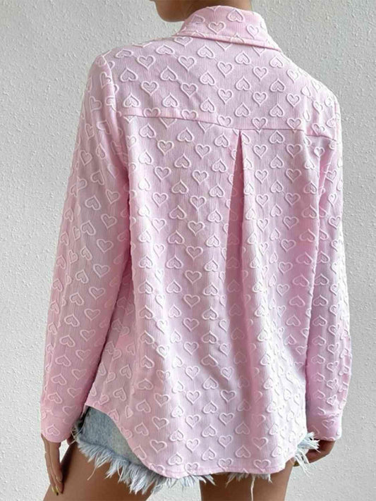 Heart Collared Neck Button Down Shirt - Trendsi