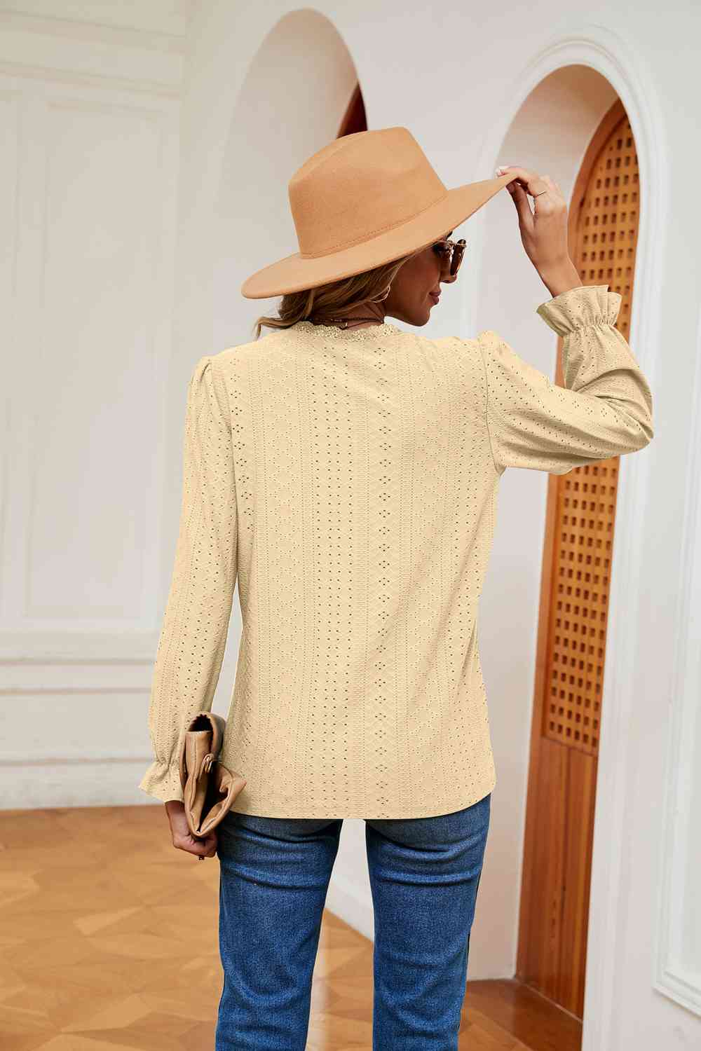 V-Neck Flounce Sleeve Blouse - Trendsi - Flyclothing LLC