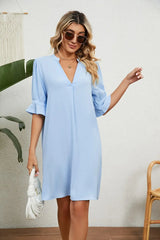 Notched Neck Flounce Sleeve Dress - Trendsi - Flyclothing LLC