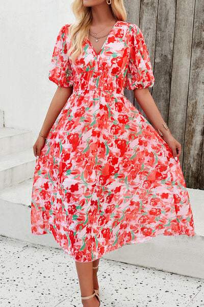 Smocked Printed V-Neck Short Sleeve Dress - Trendsi - Flyclothing LLC