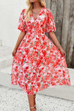 Smocked Printed V-Neck Short Sleeve Dress - Trendsi - Flyclothing LLC
