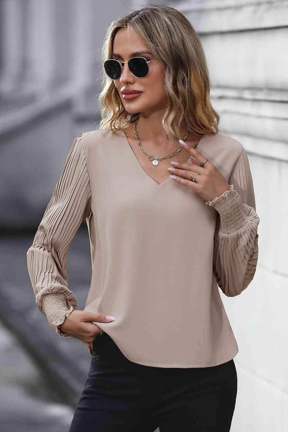 Pleated Lantern Sleeve V-Neck Blouse - Trendsi - Flyclothing LLC
