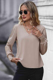 Pleated Lantern Sleeve V-Neck Blouse - Trendsi