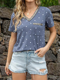 Glitter V-Neck Short Sleeve Tee Shirt - Trendsi