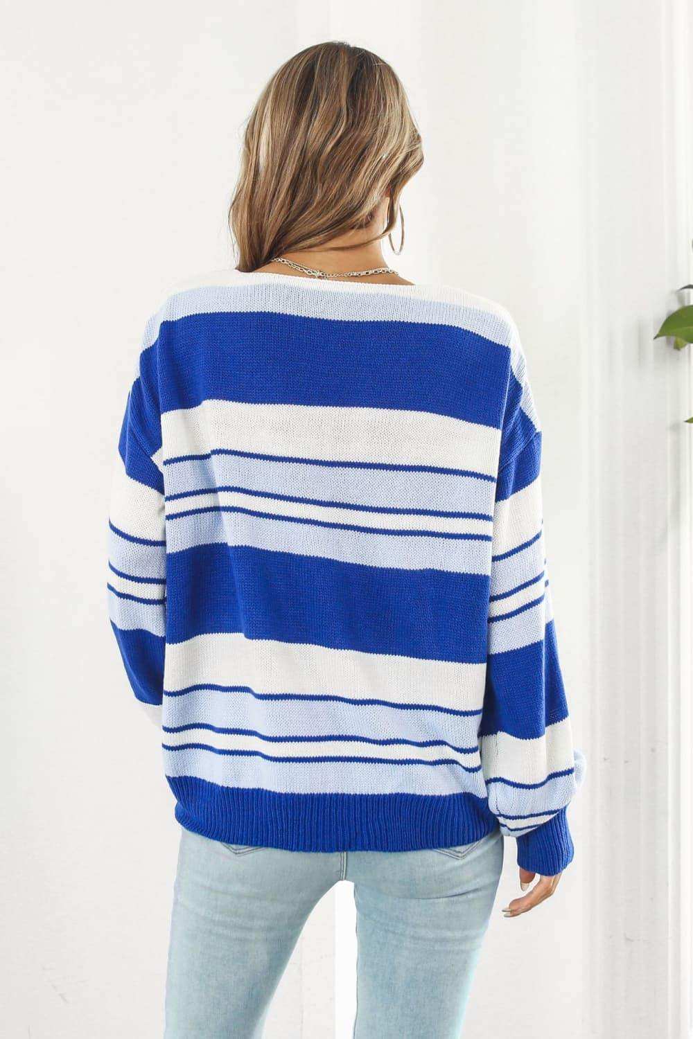 Striped V-Neck Dropped Shoulder Sweater - Trendsi - Flyclothing LLC