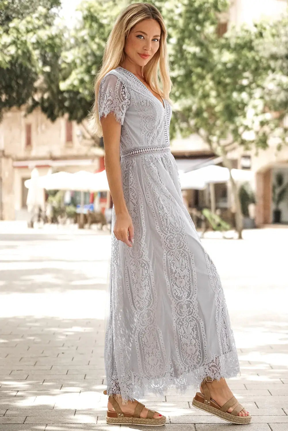 Scalloped Trim Lace Plunge Dress - Trendsi - Flyclothing LLC