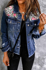 Mixed Print Distressed Button Front Denim Jacket - Trendsi - Flyclothing LLC