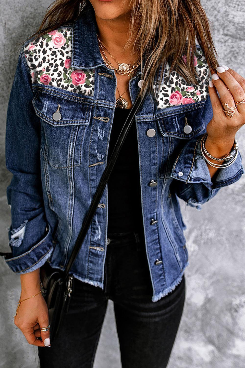 Mixed Print Distressed Button Front Denim Jacket - Trendsi
