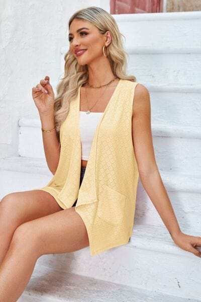 Eyelet Open Front Sleeveless Cardigan - Trendsi - Flyclothing LLC