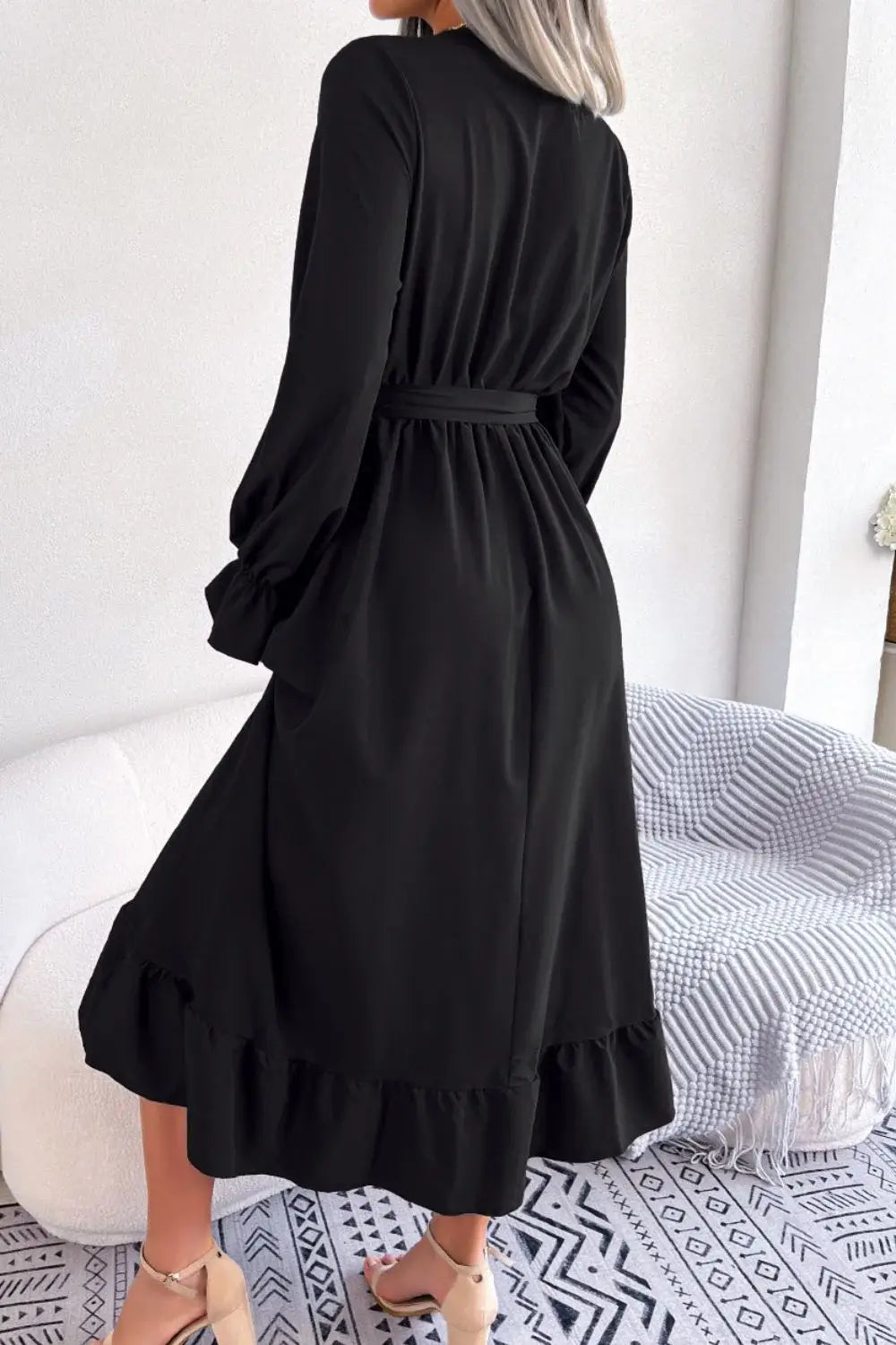 Contrast Belted Flounce Sleeve Dress - Trendsi - Flyclothing LLC