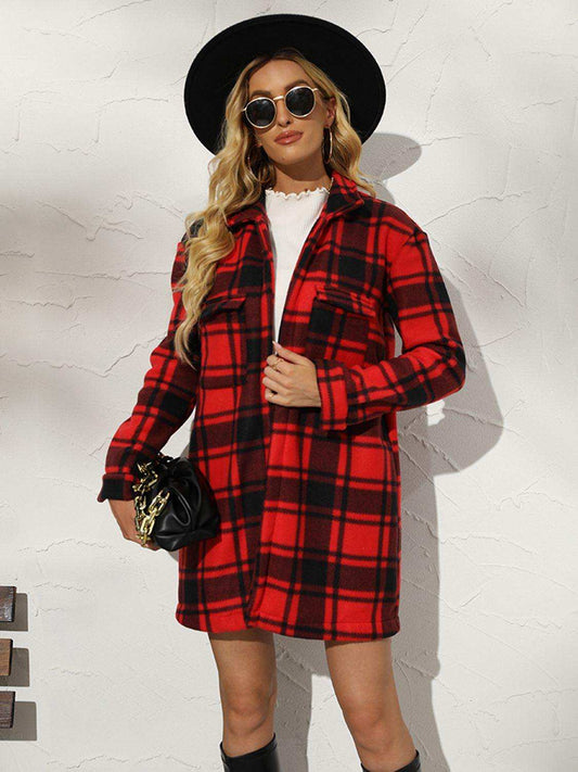 Plaid Collared Longline Coat - Trendsi - Flyclothing LLC