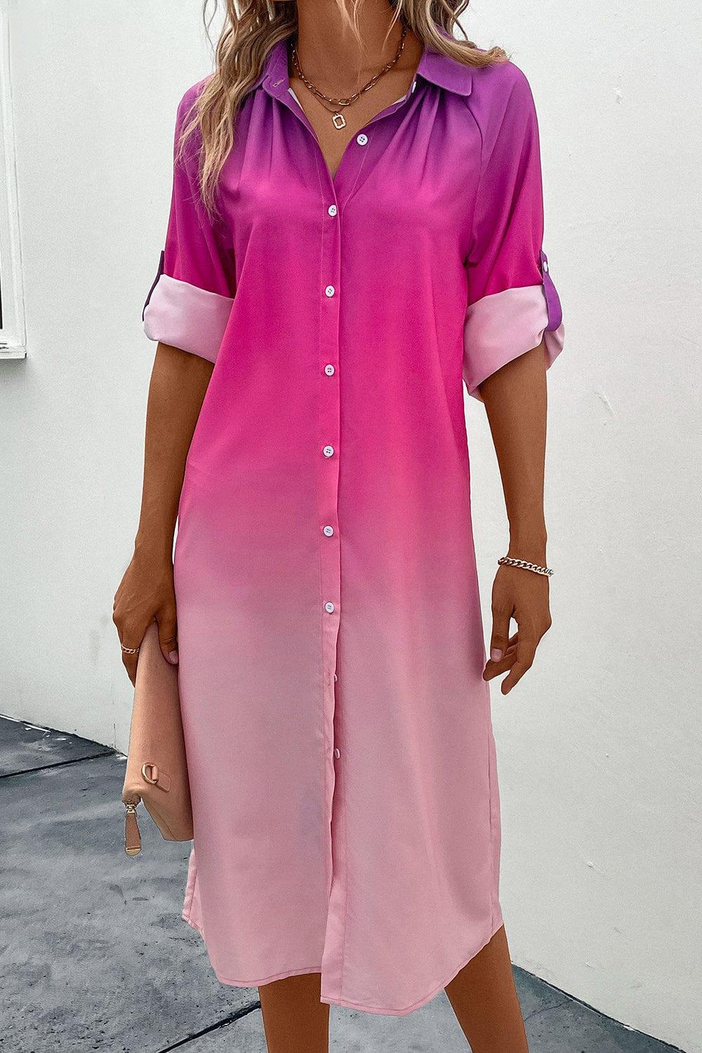 Gradient Long Sleeve Shirt Dress - Trendsi