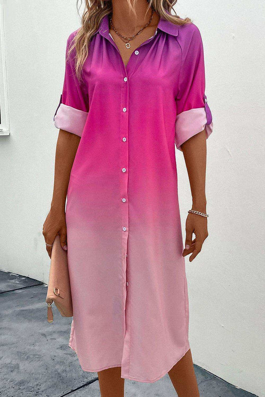 Gradient Long Sleeve Shirt Dress - Trendsi - Flyclothing LLC