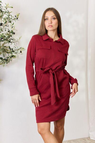 Culture Code Full Size Tie Front Half Zip Long Sleeve Shirt Dress - Trendsi