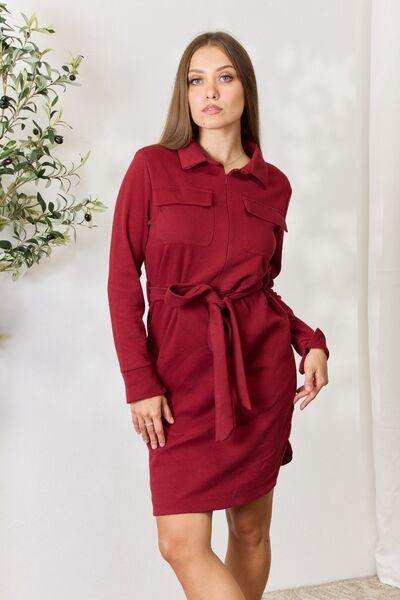 Culture Code Full Size Tie Front Half Zip Long Sleeve Shirt Dress - Trendsi - Flyclothing LLC