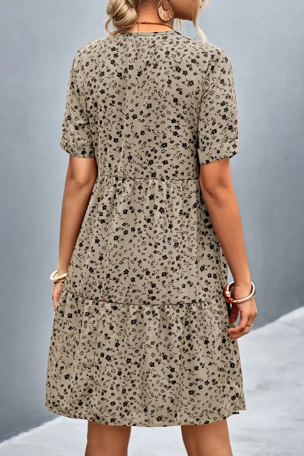 Ditsy Floral Empire Waist Plunge Short Sleeve Dress - Trendsi - Flyclothing LLC
