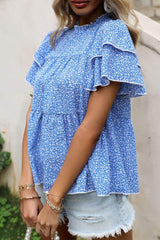 Ditsy Floral Layered Flutter Sleeve Blouse - Trendsi - Flyclothing LLC