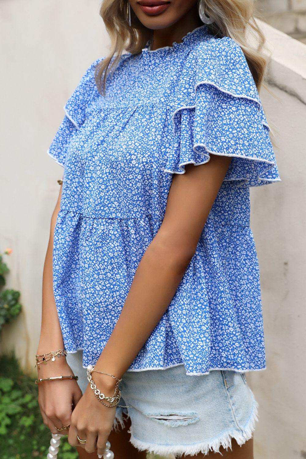 Ditsy Floral Layered Flutter Sleeve Blouse - Trendsi - Flyclothing LLC