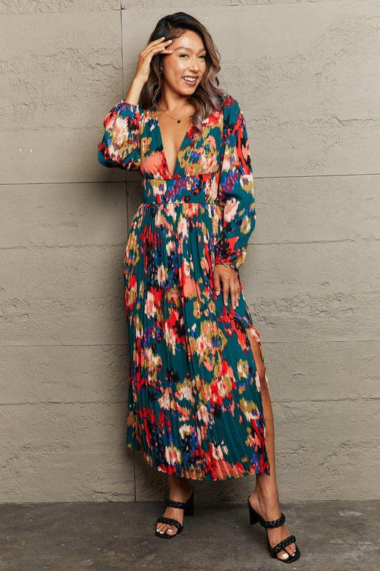 Printed Deep V Slit Pleated Dress - Trendsi - Flyclothing LLC