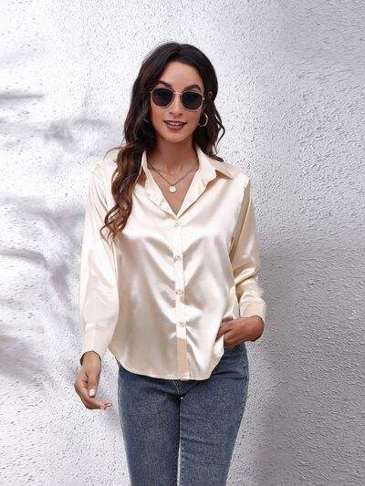 Button Up Collared Neck Long Sleeve Shirt - Trendsi - Flyclothing LLC