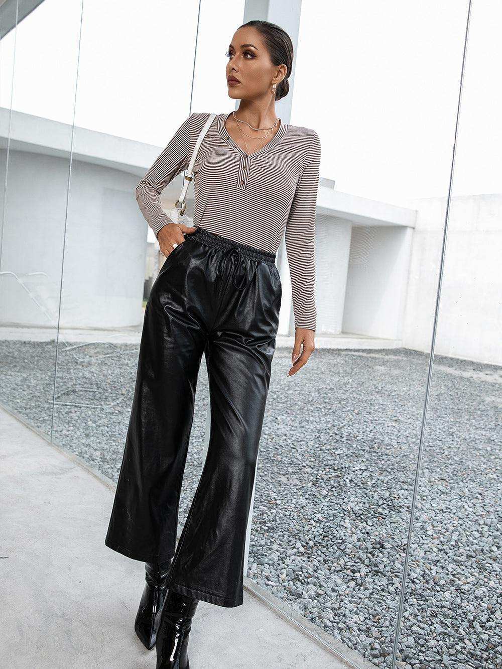 Striped Buttoned V-Neck Long Sleeve Top - Trendsi - Flyclothing LLC