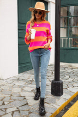 Striped Balloon Sleeve Knit Pullover - Trendsi - Flyclothing LLC