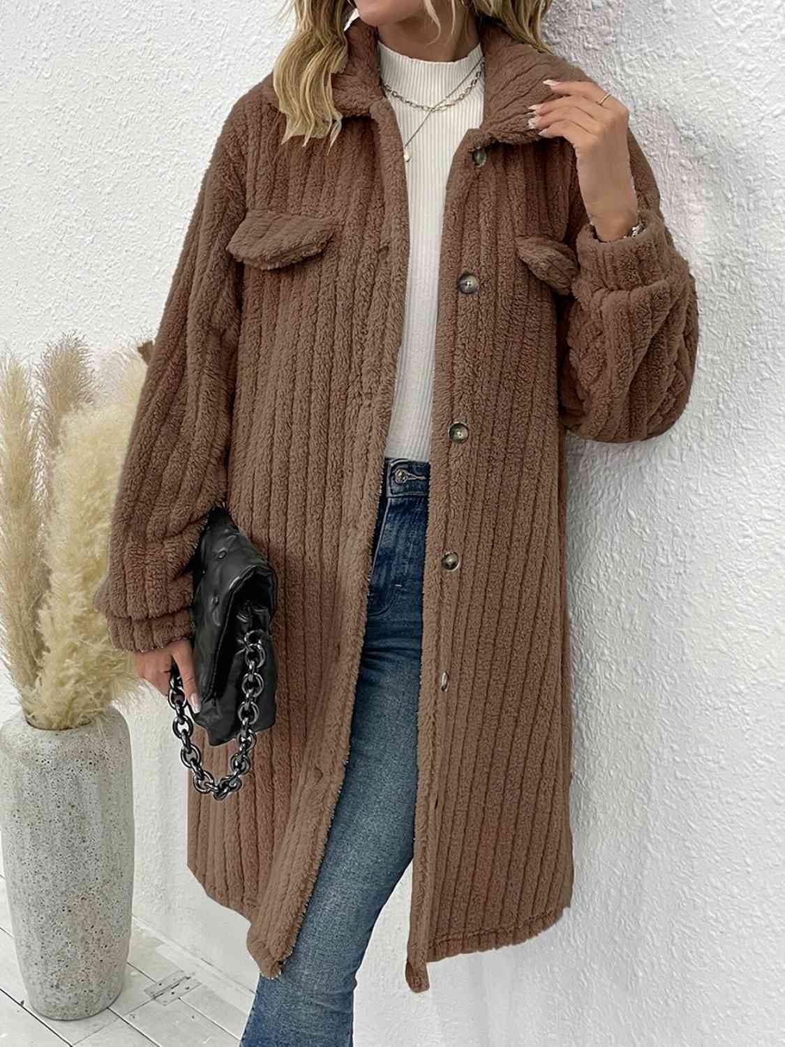 Collared Neck Drop Shoulder Coat - Trendsi