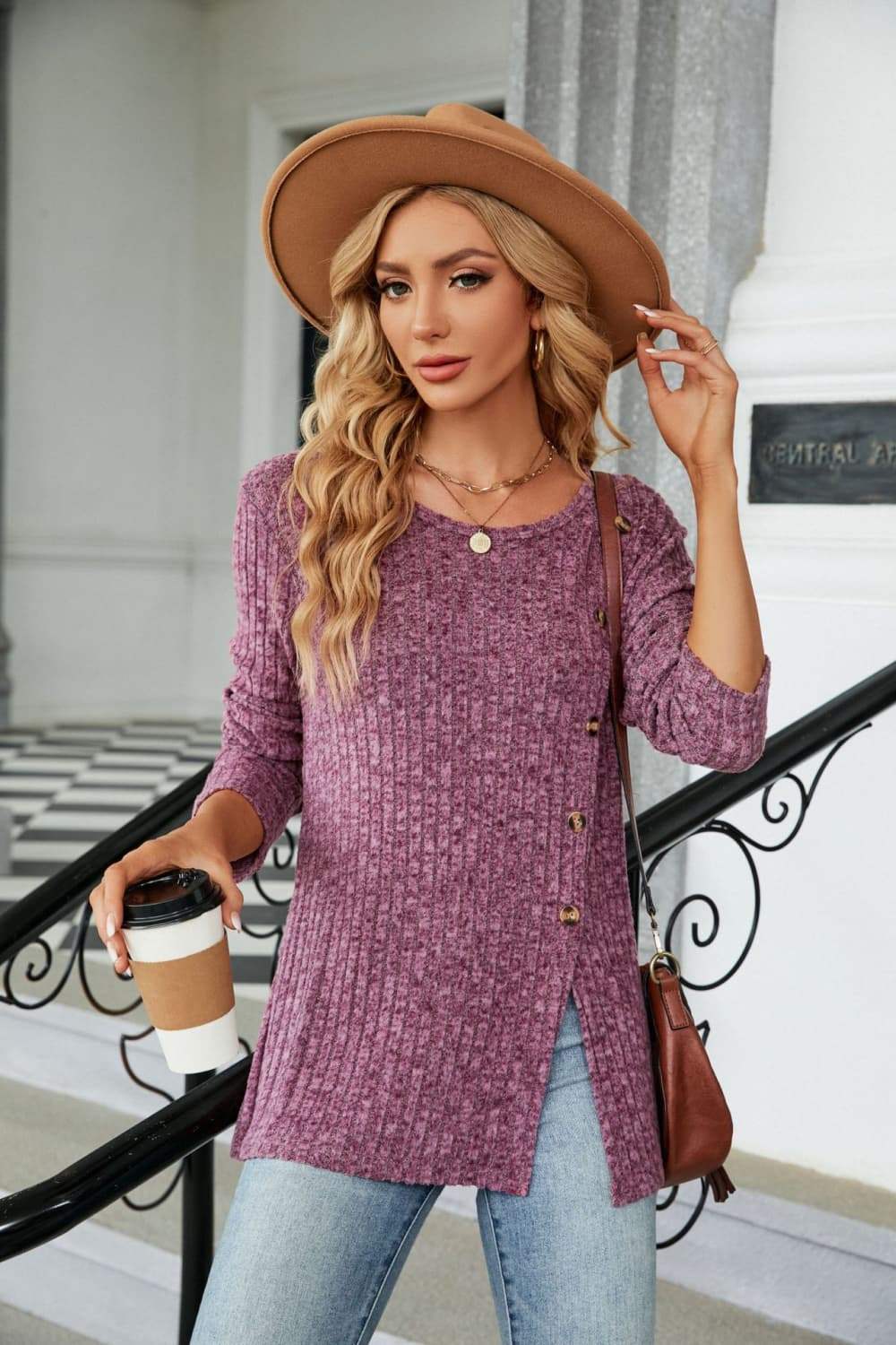 Buttoned Long Sleeve Slit Top - Trendsi - Flyclothing LLC